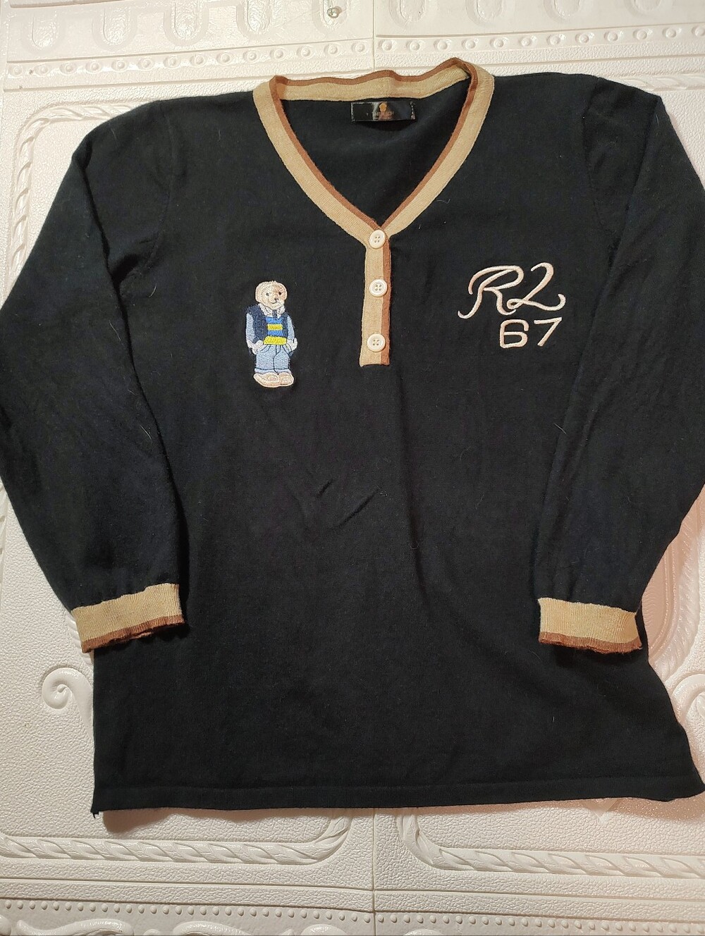 THE RICH Black Long-Sleeve Henley Top with Tan Trim Size M